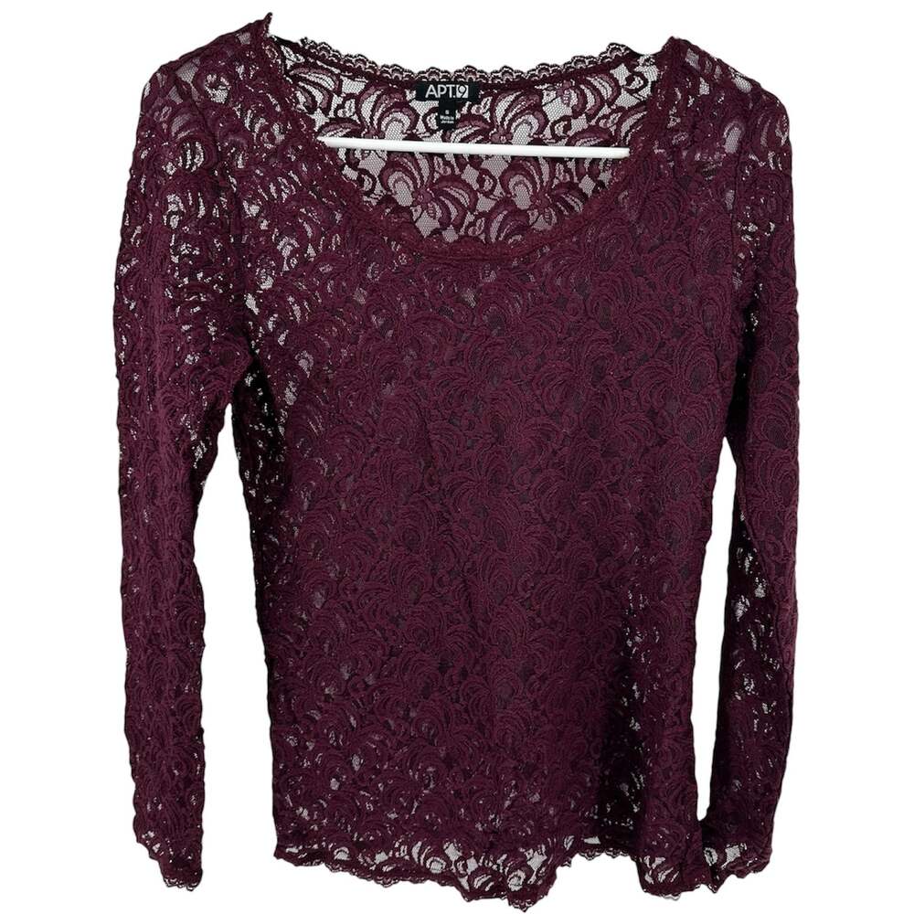 APT. 9 Lace Blouse Long Sleeve Sheer Floral Round Neck Burgundy Red Small